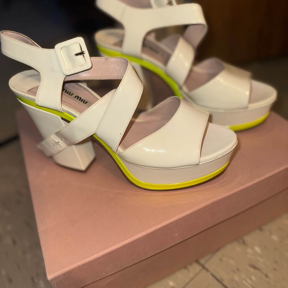 MIU MIU White and Yellow Platform Sandals
